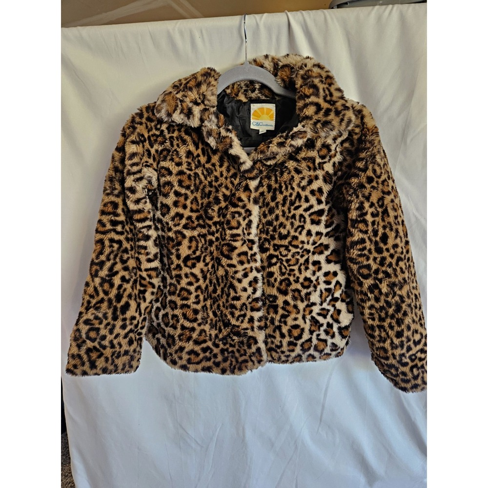 C&C California Leopard Faux Fur Jacket girls Size 10 Animal Print Plush Coat